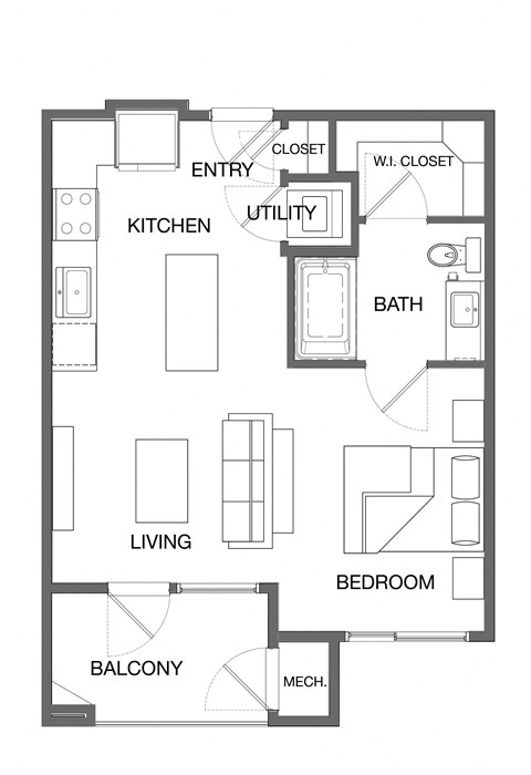 Floor plan for studio, 1 bath, 619 sqft